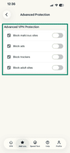 ExpressVPN mobile Advanced Protection settings menu with individual feature toggles, highlighted within a green box.