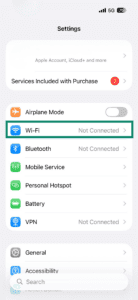 The "Wi-Fi" option in iOS settings menu highlighted.