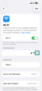 The current Wi-Fi connecton on iOS, with the "i" next to it highlighted.
