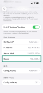 The "Router" field in the Wi-Fi settings on iOS highlighted