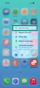 iOS home screen displaying the ExpressVPN app context menu, with the "Remove App" option highlighted by a green box.