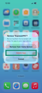 iOS confirmation pop-up for removing ExpressVPN, with the "Delete App" option highlighted inside a green box.