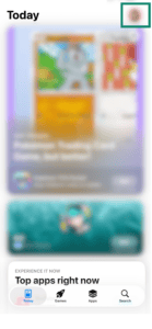The iOS App Store 'Today' tab with a green box highlighting the user profile icon in the top right corner.