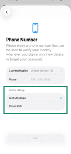 The Phone Number verification screen during Apple Account creation, with a green box highlighting the option to verify using a 'Text Message'.