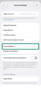 The iOS Account Settings menu with a green box highlighting the 'Country/Region' option.