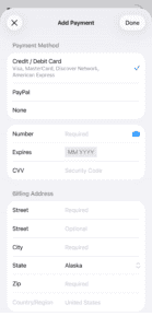 The App Store 'Add Payment' screen showing payment method options including 'None', and a Billing Address form with 'Alaska' selected as the state.