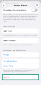 The bottom of the iOS Account Settings menu with a green box highlighting the red 'Sign Out' button.
