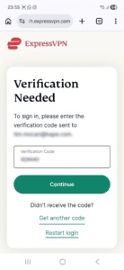 ExpressVPN code verification window during sign-in on an Android phone.