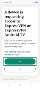 ExpressVPN device approval window on an Android phone, showing a highlighted "Yes" button.