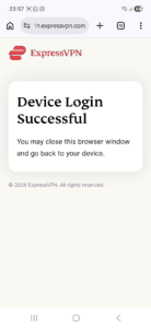 ExpressVPN successful device login window on an Android phone.