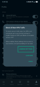 ExpressVPN Android pop-up explaining how to block all non-VPN traffic, with the Android Settings button highlighted.