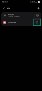 Android VPN settings listing ExpressVPN, with the settings icon next to ExpressVPN highlighted.