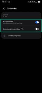 Android ExpressVPN system settings with Always-on VPN enabled and Block connections without VPN shown below it.