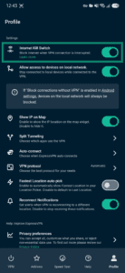 ExpressVPN Android Profile settings with the Internet Kill Switch option highlighted and enabled.