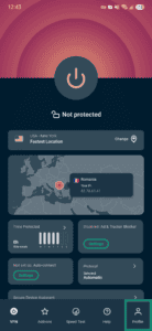 ExpressVPN Android home screen with the Profile tab highlighted in the bottom navigation.