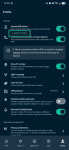 ExpressVPN Android Profile settings with the Learn more link under Internet Kill Switch highlighted.