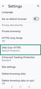 Firefox settings menu on Android, with a highlighted "DNS over HTTPS" option.