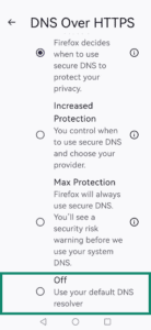 DNS over HTTPS settings in Firefox on Android, with the "Off" option highlighted.