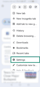 The "Settings" option in Google Chrome's main menu on Android.