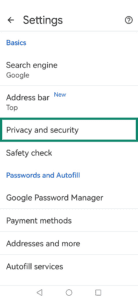 Google Chrome's security settings on Android, highlighting the "Privacy and security" option.