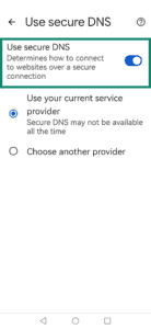 The "Use secure DNS" toggle in Google Chrome's Android setting.