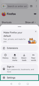 The "Settings" option in Firefox on Android.
