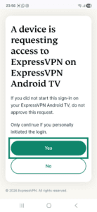 ExpressVPN device login request page on an Android phone. The Yes button is highlighted.