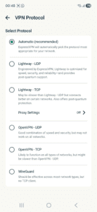 ExpressVPN Android app interface, showing the VPN protocol tab and a popup message. The "Change Anyway" button is highlighted.