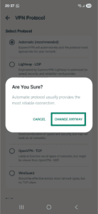 ExpressVPN Android app interface, showing the VPN protocol tab and a popup message. The "Change Anyway" button is highlighted.