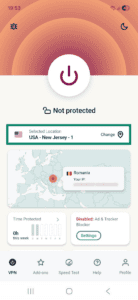 ExpressVPN Android app interface, showing the VPN tab. The server location widget is highlighted.