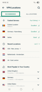 ExpressVPN Android app interface, showing a list of server locations. The "Recommended" tab is highlighted.