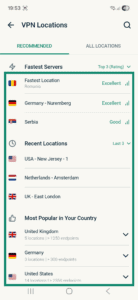 ExpressVPN Android app interface, showing a list of server locations. Several servers are highlighted.