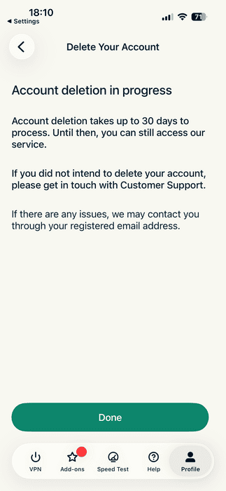The "Account deletion in progress" screen in the ExpressVPN app for iOS.