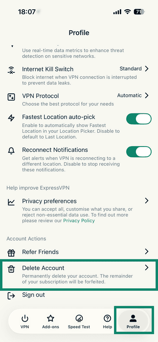 The Profile tab in the ExpressVPN for iOS, with a highlighted "Delete Account" option.