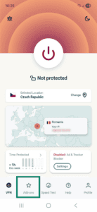  The "Add-ons" tab in the ExpressVPN app for Android highlighted.