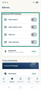 The Advanced Protection options in the ExpressVPN app for Android highlighted.