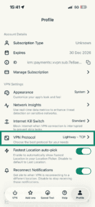 The Profile tab in the ExpressVPN app for iOS, showing the VPN Protocol option highlighted.