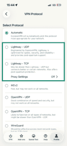 The VPN protocol page in the ExpressVPN app for iOS, showing the Lightway - UDP and Lightway - TCP options highlighted.