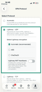 The advanced Lightway options for Lightway - UDP in the ExpressVPN app for iOS.