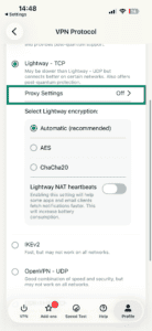 The advanced Lightway options for Lightway - TCP in the ExpressVPN app for iOS.