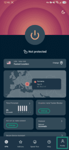 ExpressVPN Android home screen with the Profile tab highlighted in the bottom navigation.