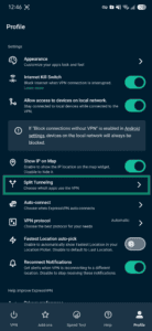 ExpressVPN Android Profile settings with Split Tunneling highlighted.