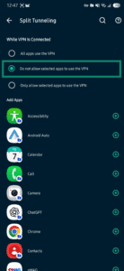 ExpressVPN Android Split Tunneling settings with Do not allow selected apps to use the VPN selected.