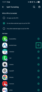 ExpressVPN Android Split Tunneling app list with the add button next to Android Auto highlighted.