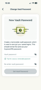 The "Change Vault Password" screen in ExpressKeys.