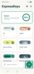 ExpressKeys app interface showing the home screen on Android. The plus icon is highlighted.