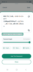 ExpressKeys app interface showing the password generator window on Android. The Very secure! Could take centuries to crack message is highlighted.