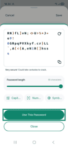 ExpressKeys app interface showing the password generator window on Android. The Use This Password button is highlighted.