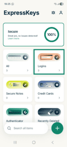 ExpressKeys app interface showing the home screen on Android. The Logins widget is highlighted.