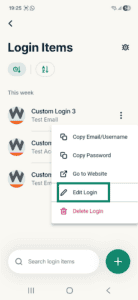 ExpressKeys app interface showing the dropdown menu for a saved login on Android. The Edit Login option is highlighted.